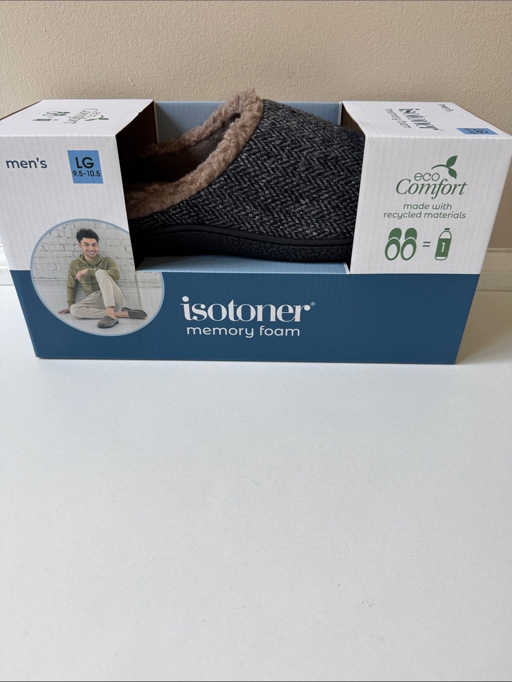 Isotoner Men Herringbone Memory Foam Slip-On Slipper w/Faux-Fur Lining 9.5-10.5
